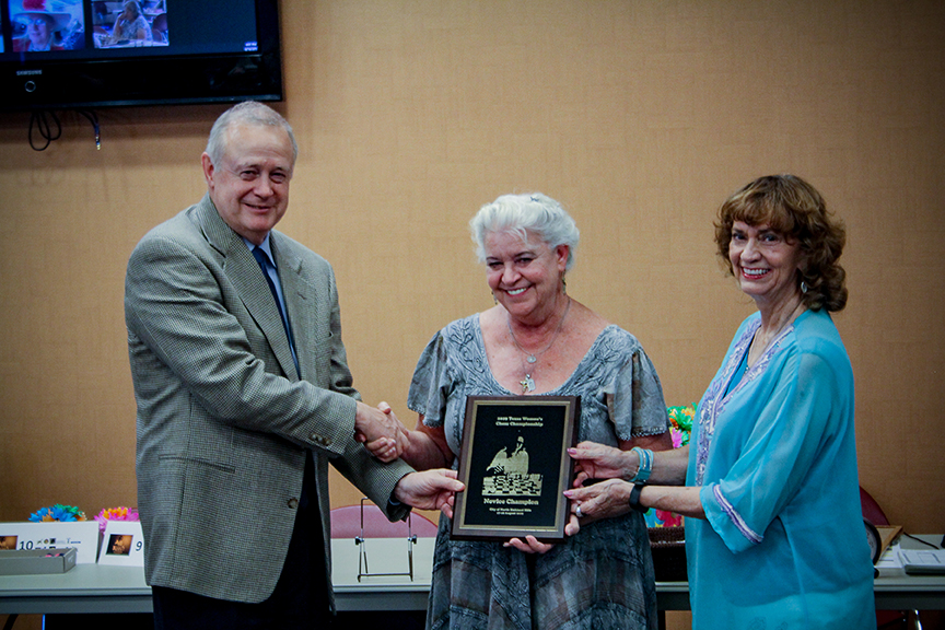 From left to right: Tom Crane, Texas Chess Association President; Carol Heise; and Maritta Del Rio Sumner, Distinguished Visitor. Photo by Sheryl Mc Broom at North Richland Hills Library.