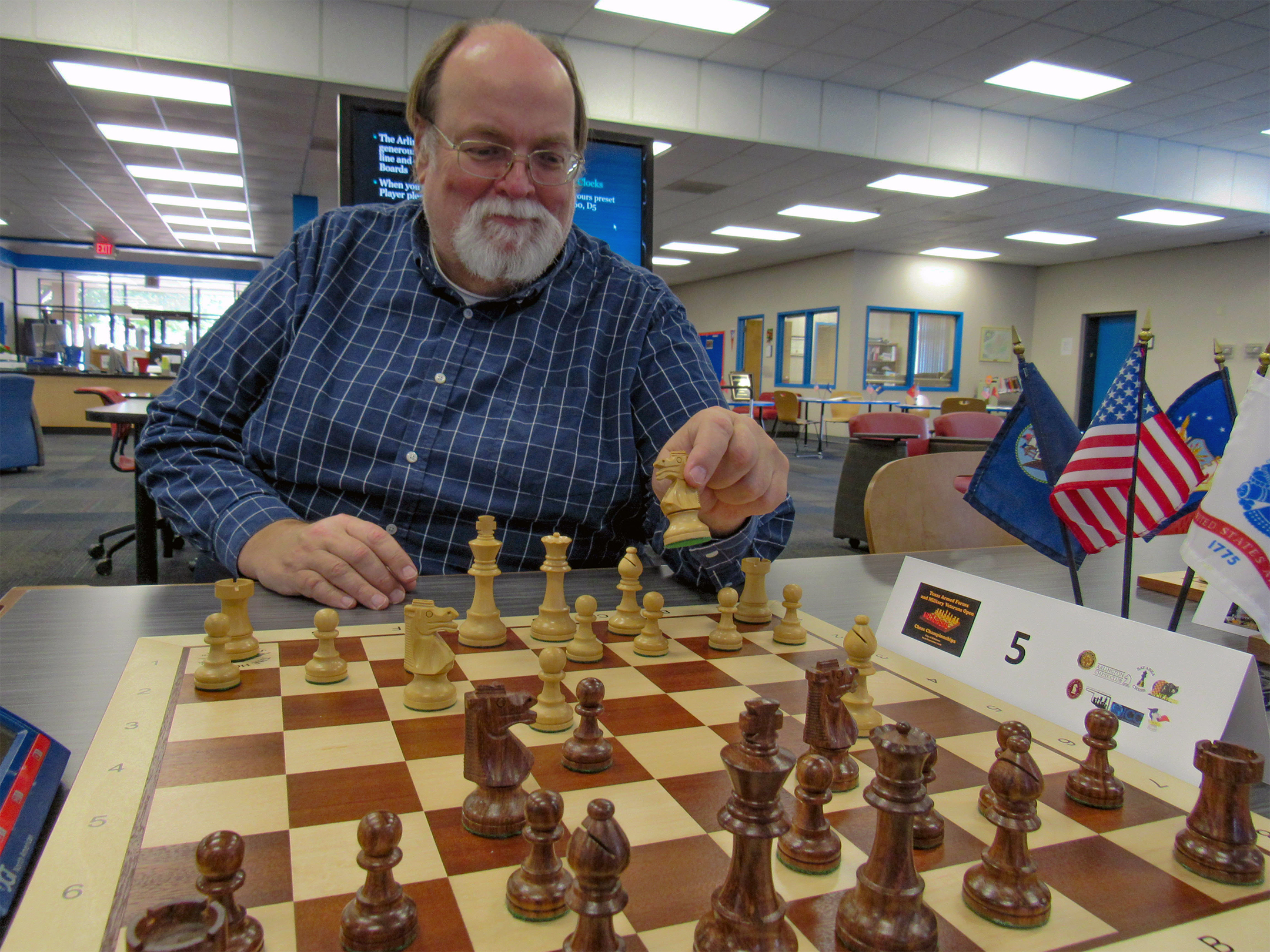 Joe Shaughnessy, Library Director, spent the last weekend of September 2018 hosting 18 chess-playing veterans.  Photo by Jim Hollingsworth.