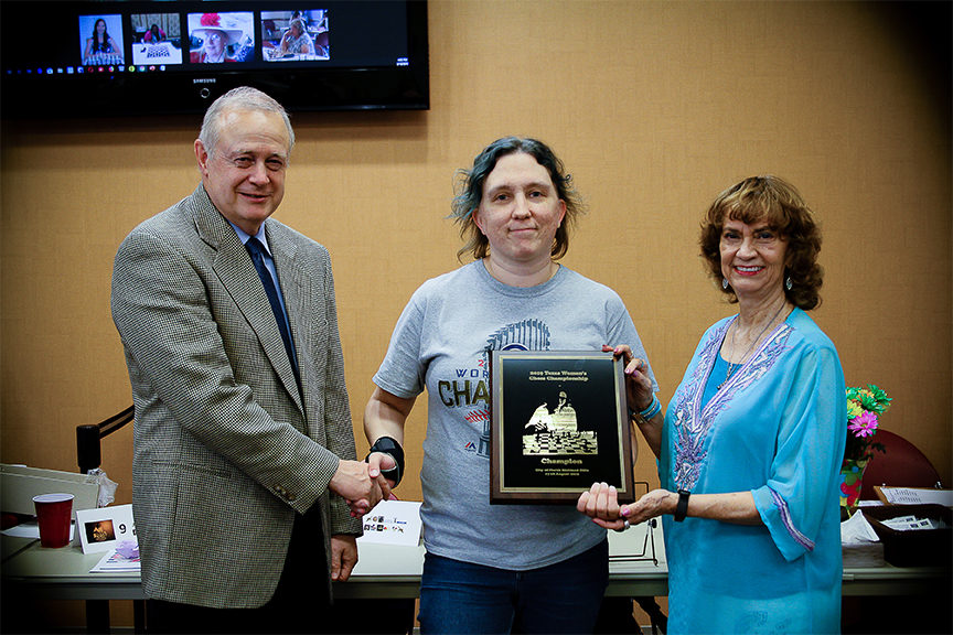 From left to right: Tom Crane, Texas Chess Association President; Nicole Niemi, 2019 Texas Women's Chess Co-Champion and 1st Place Prize Winner on tiebreaks; and Maritta Del Rio Sumner, Distinguished Visitor. Photo by Sheryl Mc Broom at North Richland Hills Library.