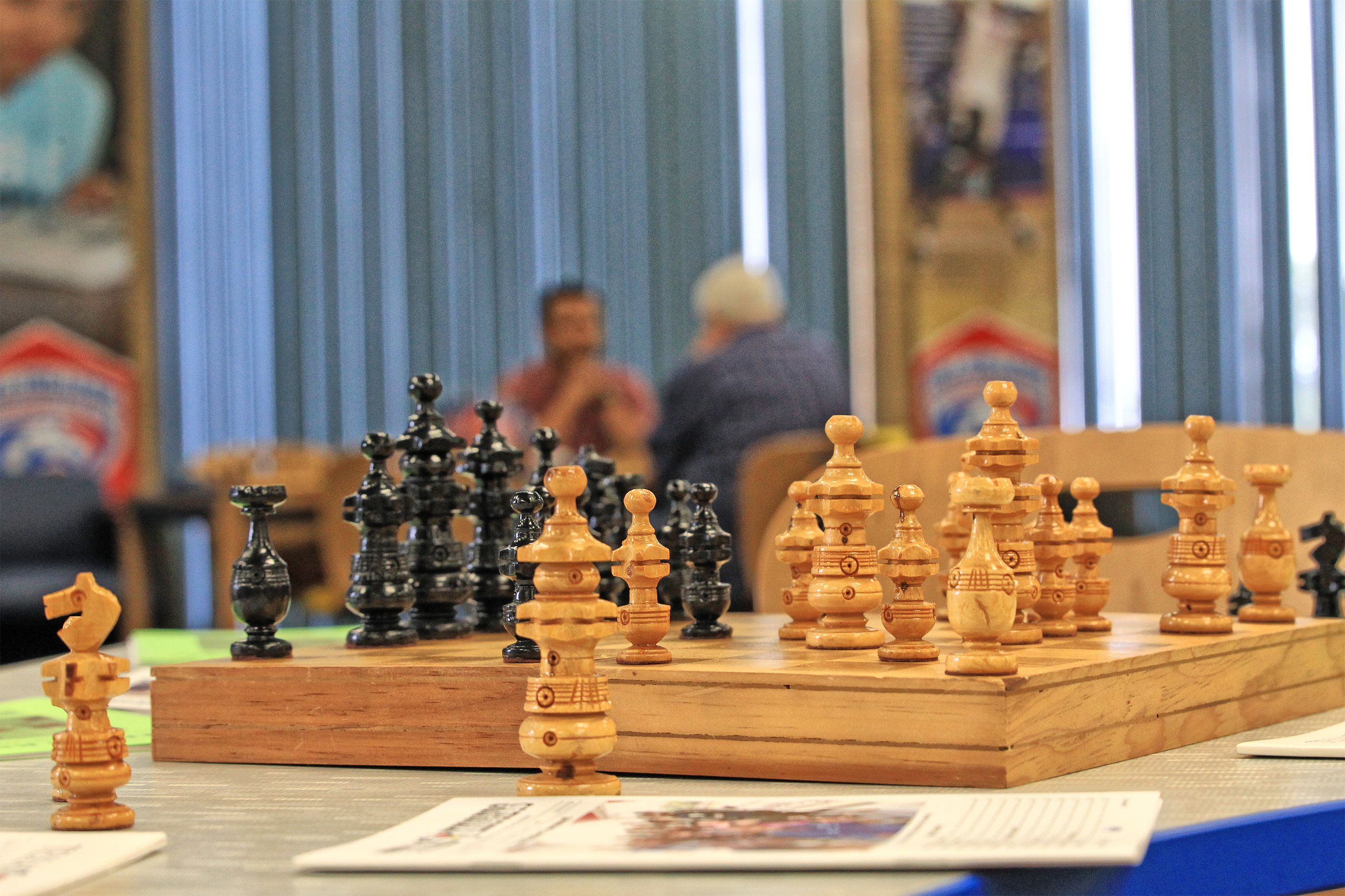 Fascinating chess set and board constantly on display in the Hill College Library.  Photo by Sheri Hemrick.